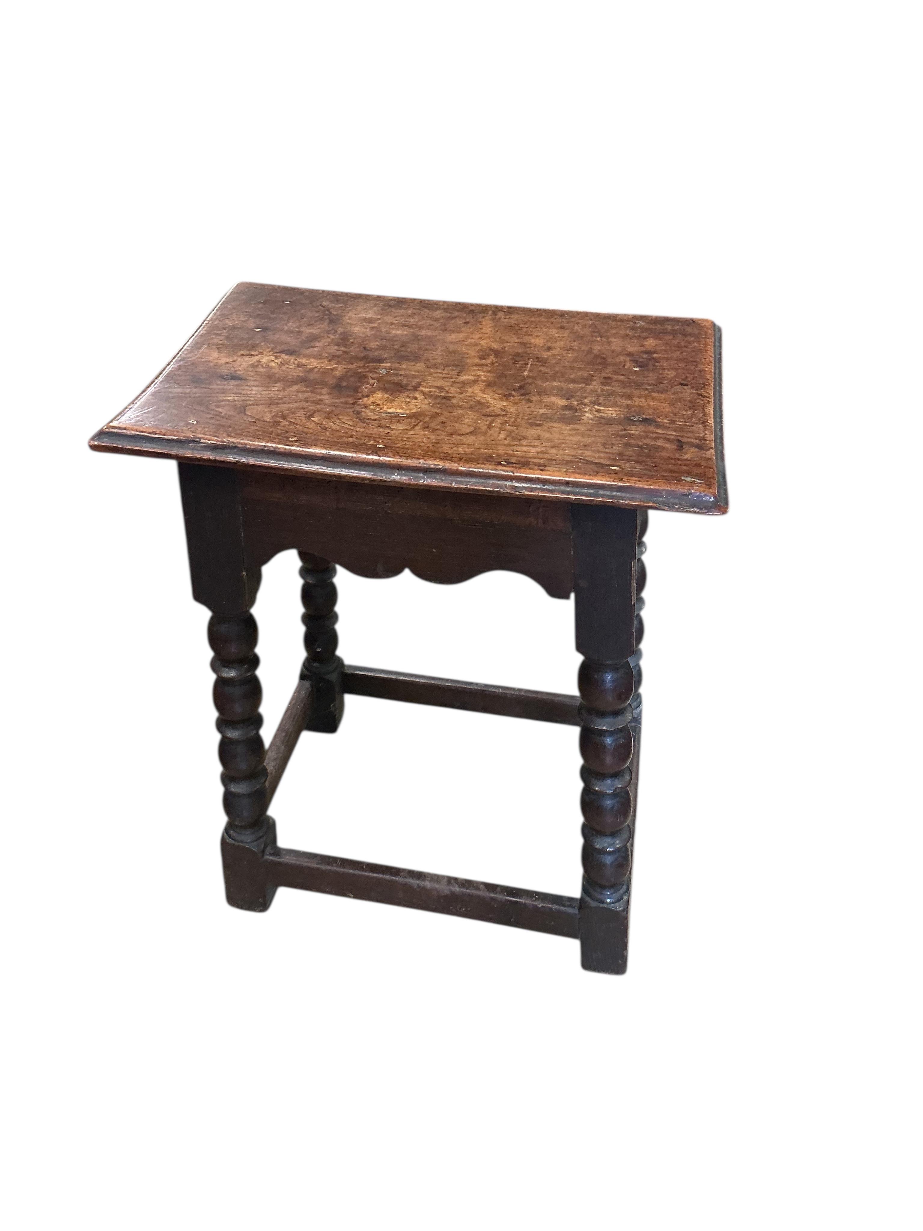 Two 17th century style rectangular oak joint stools, larger width 48cm, depth 31cm, height 53cm, together with a later oak drop flap occasional table